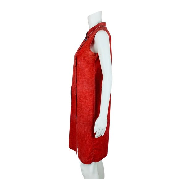 Vintage 1960s Red Shift Dress Asian Motif Pocket Housedress Frog Closures | B 36 - Picture 5 of 11